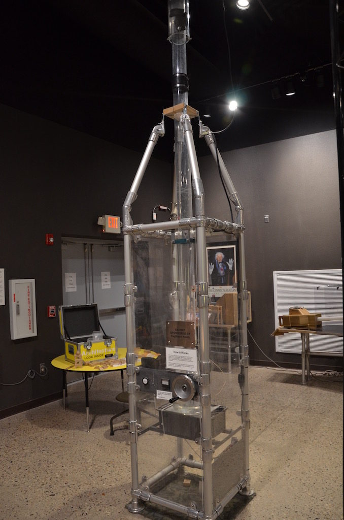 One of their hands on exhibits; very interesting. It separates the hydrogen from the water by a hand cranked electrical generator to make a small explosion to shoot the ping pong ball up the tube.